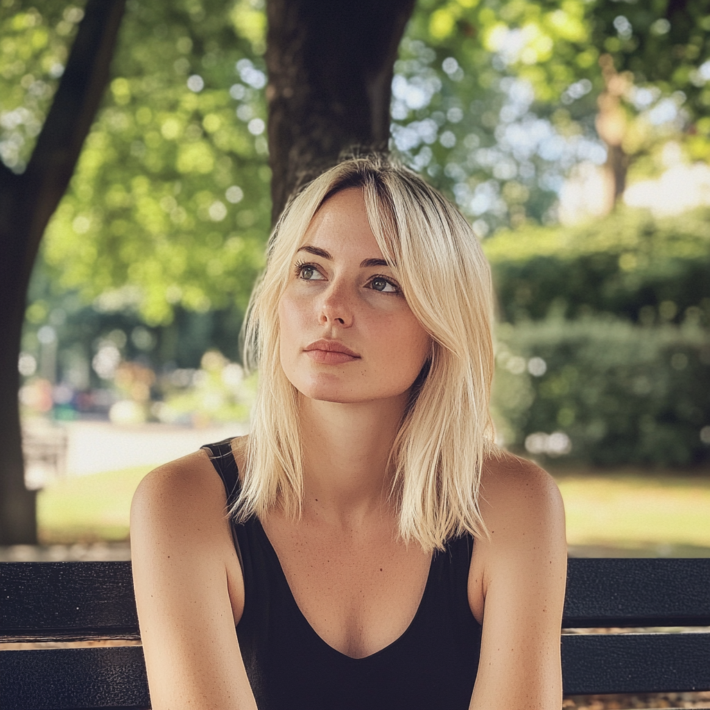 Una mujer sentada en un banco del parque | Fuente: Midjourney