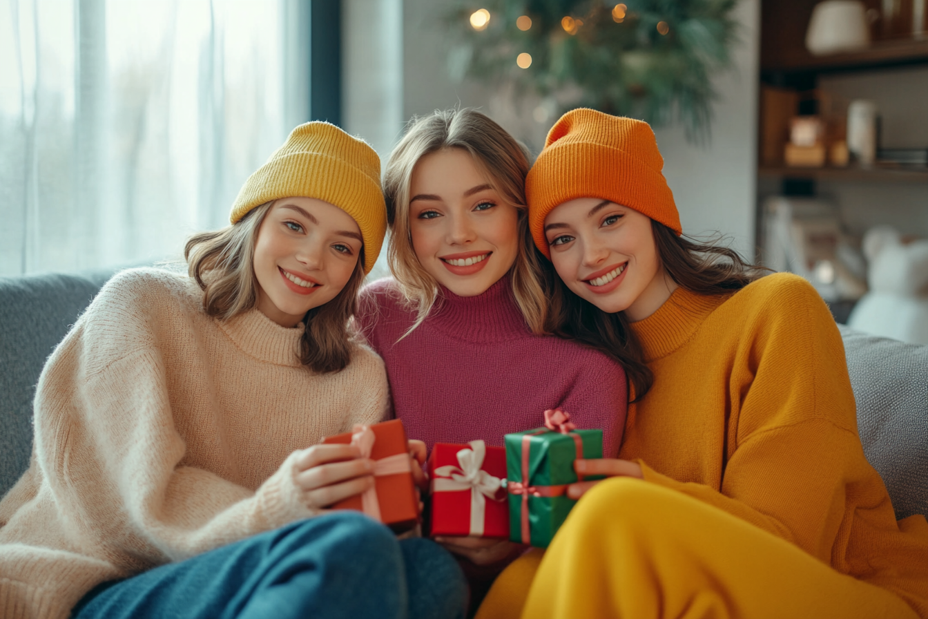 Tres hermanas con regalos en las manos | Fuente: Midjourney