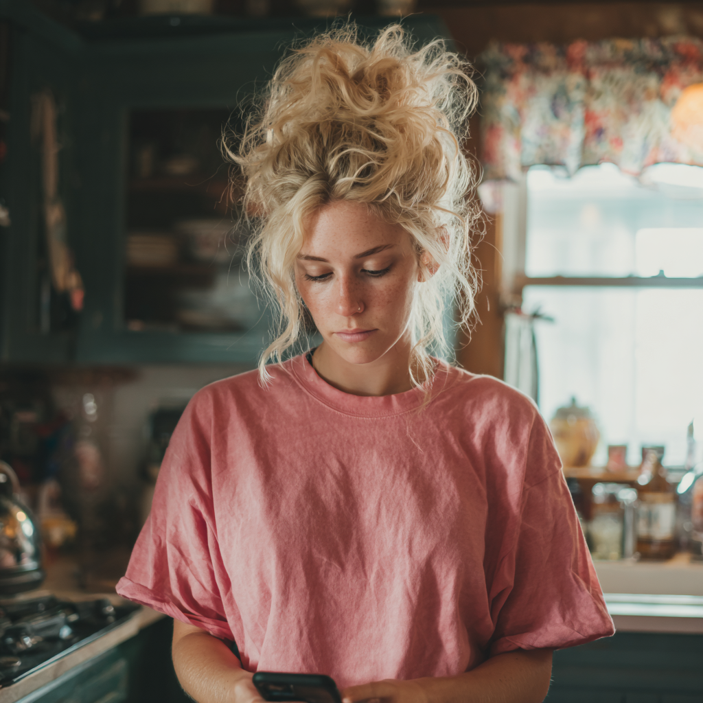 Una mujer de pie en una cocina utilizando tu teléfono | Fuente: Midjourney