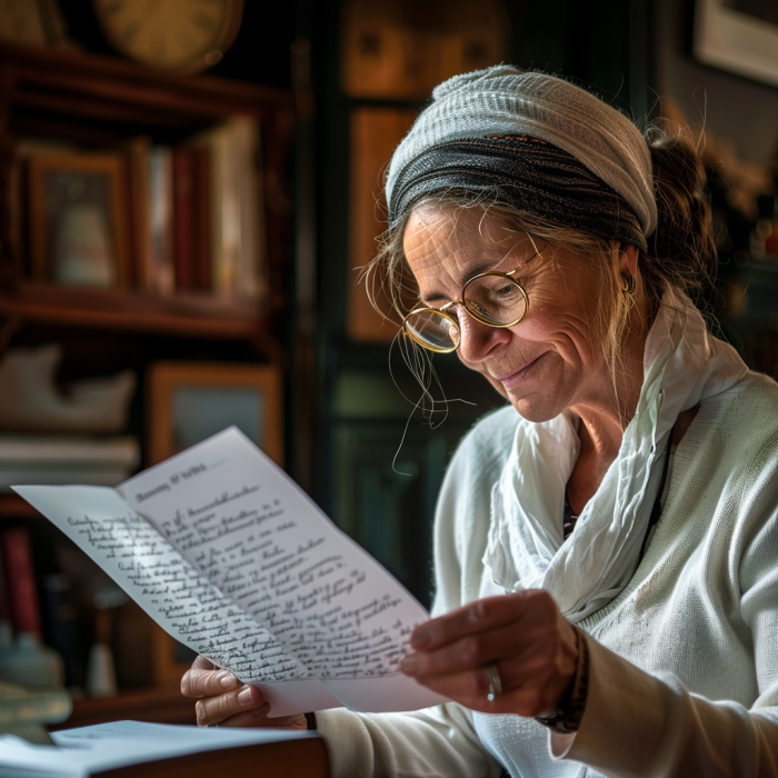 Una mujer sonríe mientras lee una carta | Fuente: Midjourney