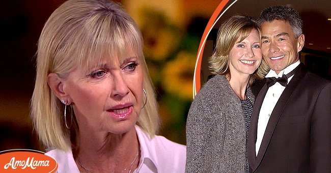 Olivia Newton-John en una entrevista y con su ex novio Patrick McDermott en febrero de 2001 en Los Ángeles, California | Foto: YouTube/CBSSundayMorning - Getty Images