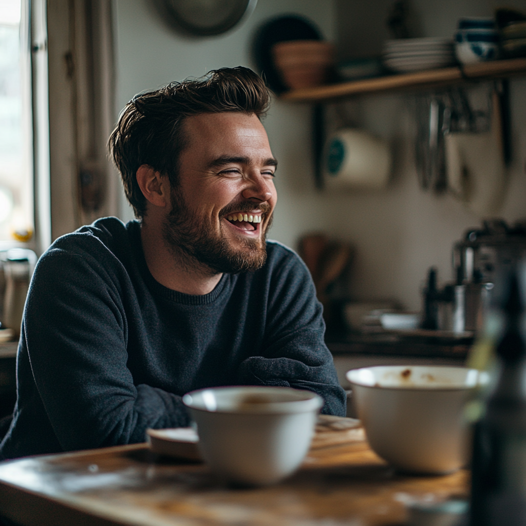 Un hombre riendo en la cocina | Fuente: Midjourney