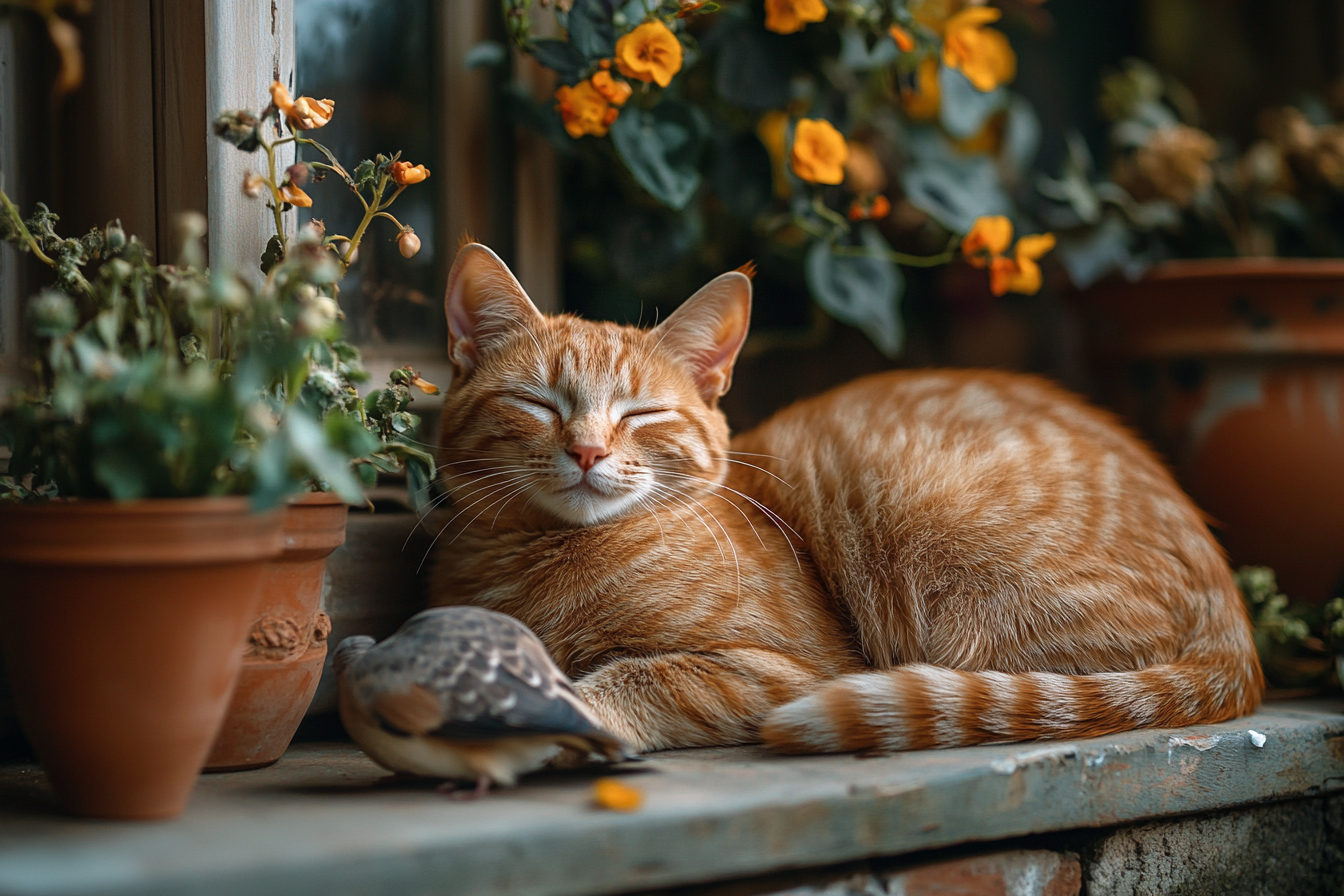 Un gato atigrado naranja con una paloma muerta | Fuente: Midjourney