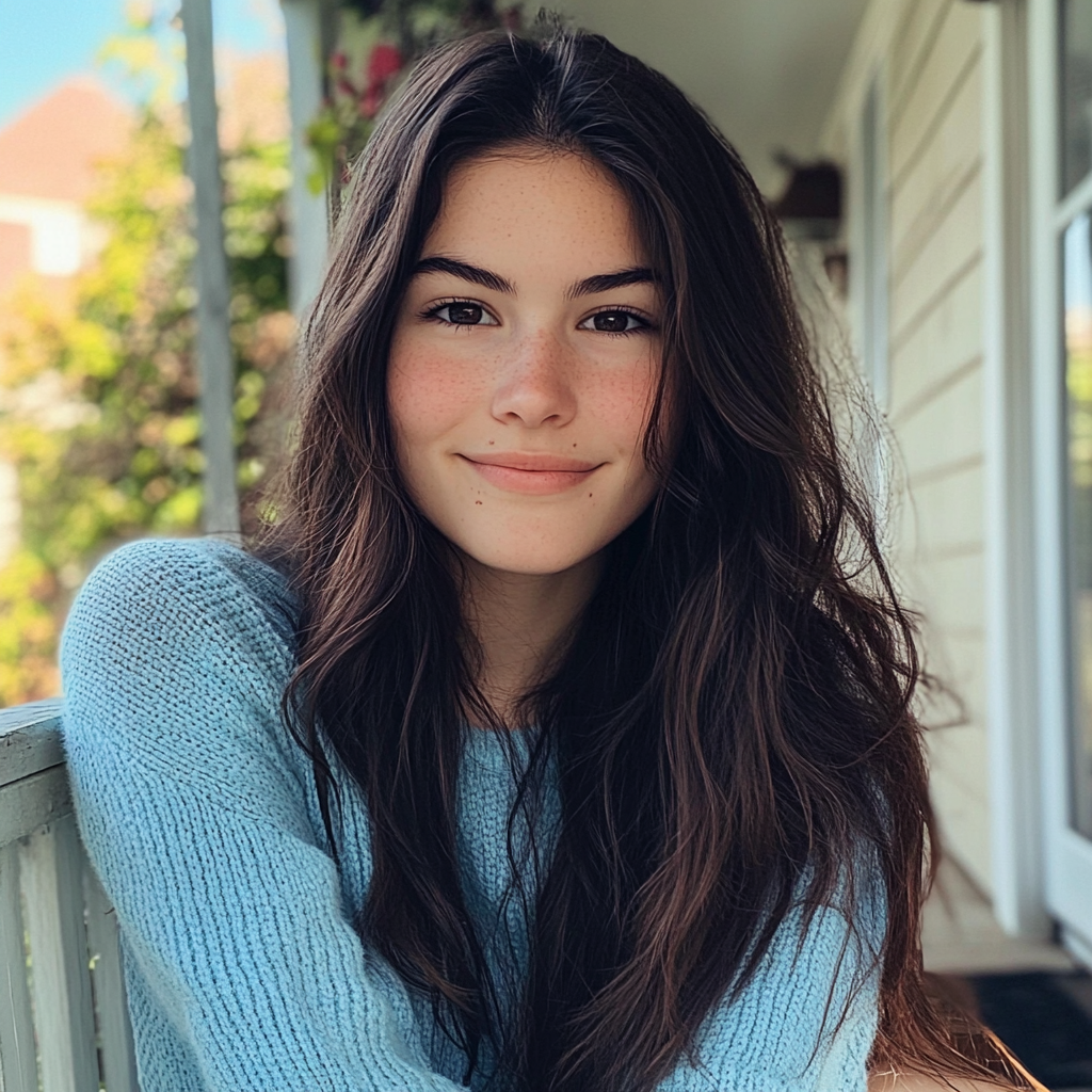 Una joven sonriente sentada en un porche | Fuente: Midjourney