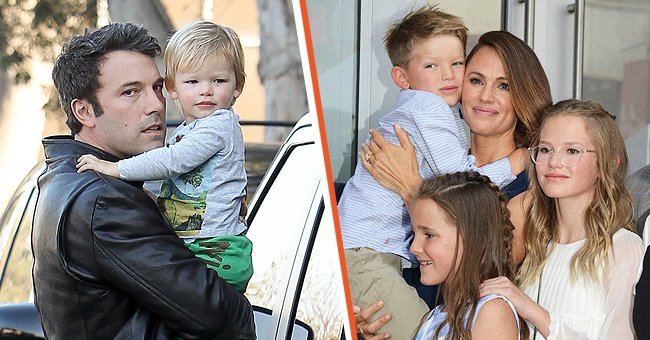 Ben Affleck en una foto cargando a su hijo. [Izquierda]; La exesposa de Ben Affleck, Jennifer Garner, en una foto con sus tres hijos. [Derecha] | Foto: Getty Images