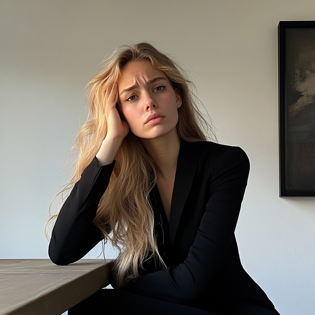 Una mujer disgustada sentada en una mesa | Fuente: Midjourney