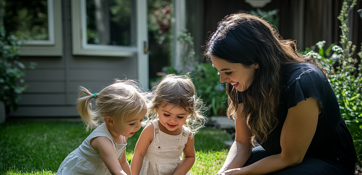 Una mujer jugando con sus hijas gemelas | Fuente: Midjourney