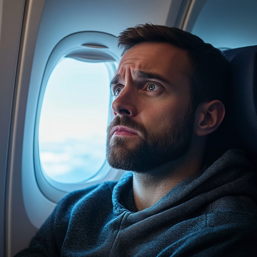 Un hombre tenso en un avión | Fuente: Midjourney