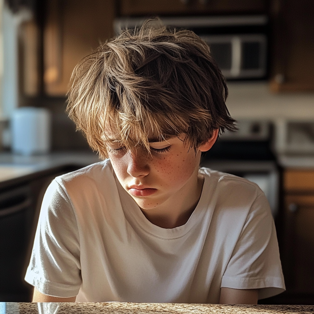 Un adolescente sentado en un mostrador con los ojos cerrados | Fuente: Midjourney