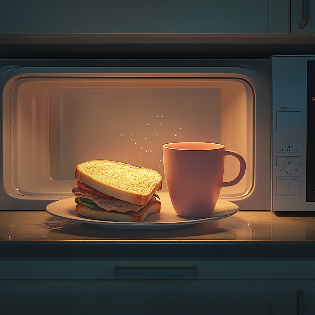 Una taza, un bocadillo y un microondas | Fuente: Midjourney