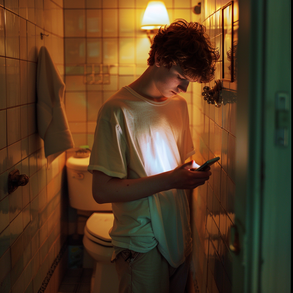 Un adolescente usando su teléfono dentro de un retrete | Fuente: Midjourney