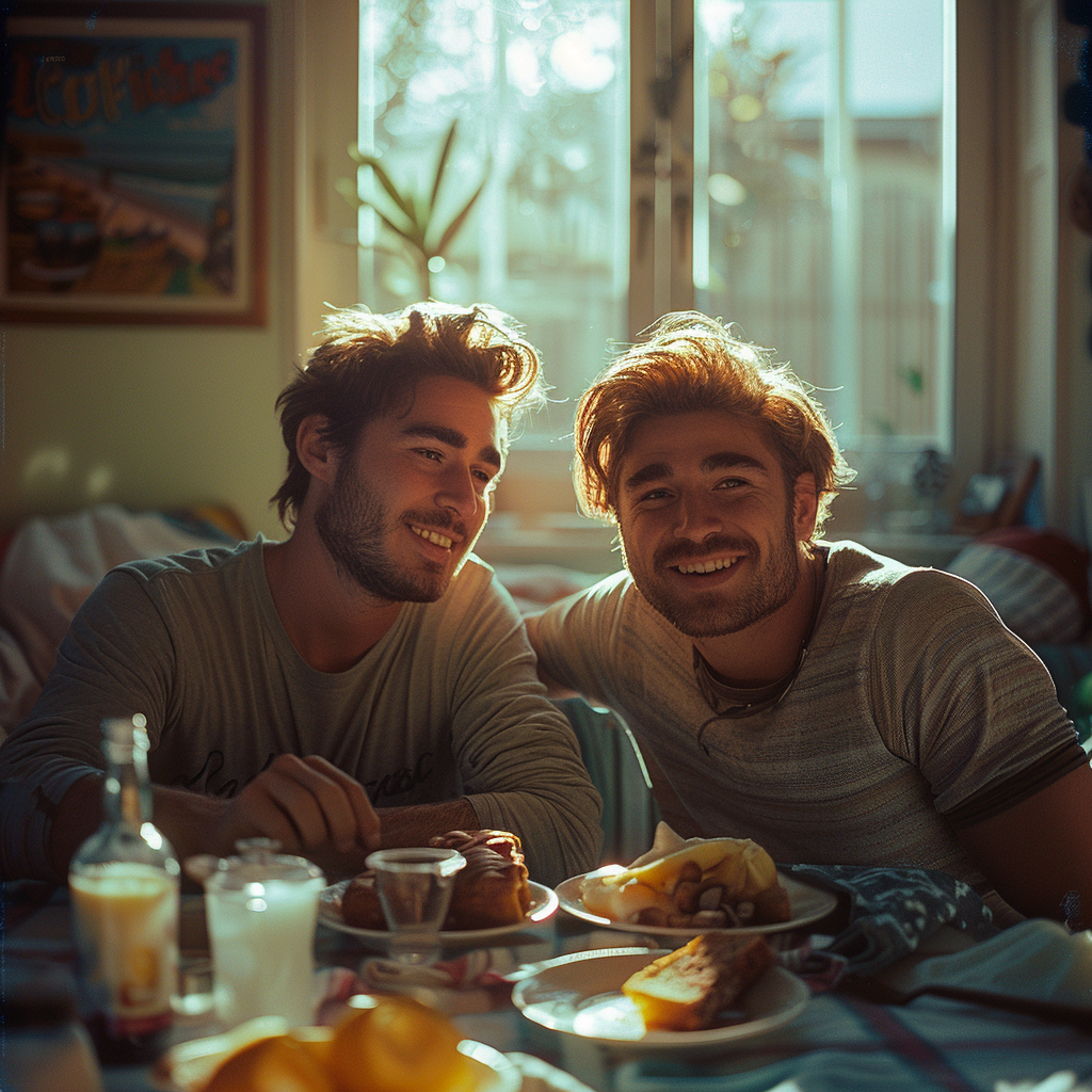 Dos hermanos gemelos hablando y pasándoselo bien en la mesa del desayuno | Fuente: Midjourney