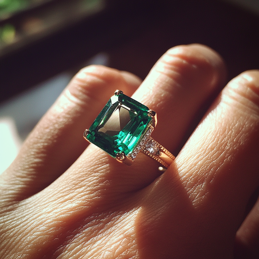 Un anillo de esmeralda en la mano de una mujer | Fuente: Midjourney