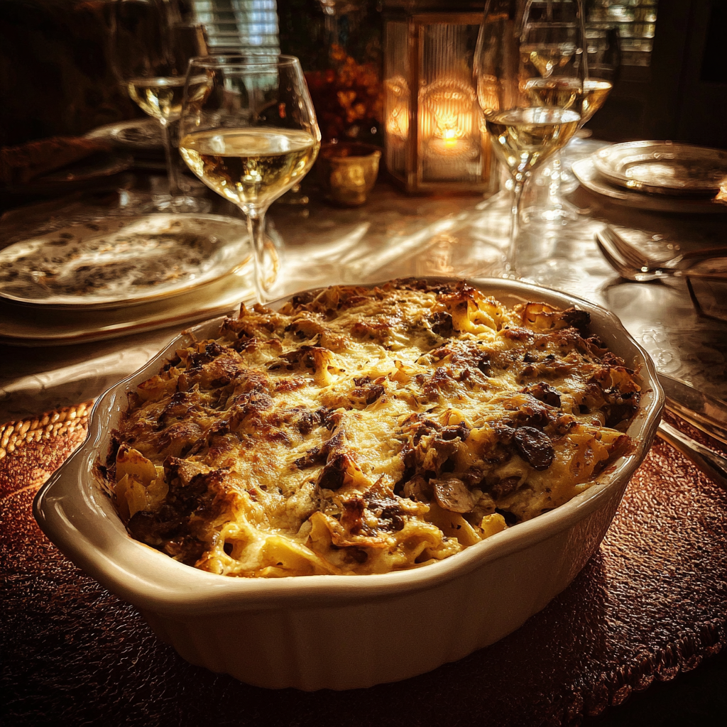 Uno sformato di manzo alla stroganoff su un tavolo | Fonte: Midjourney