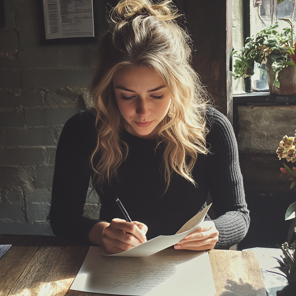 Una mujer escribiendo una carta | Fuente: Midjourney