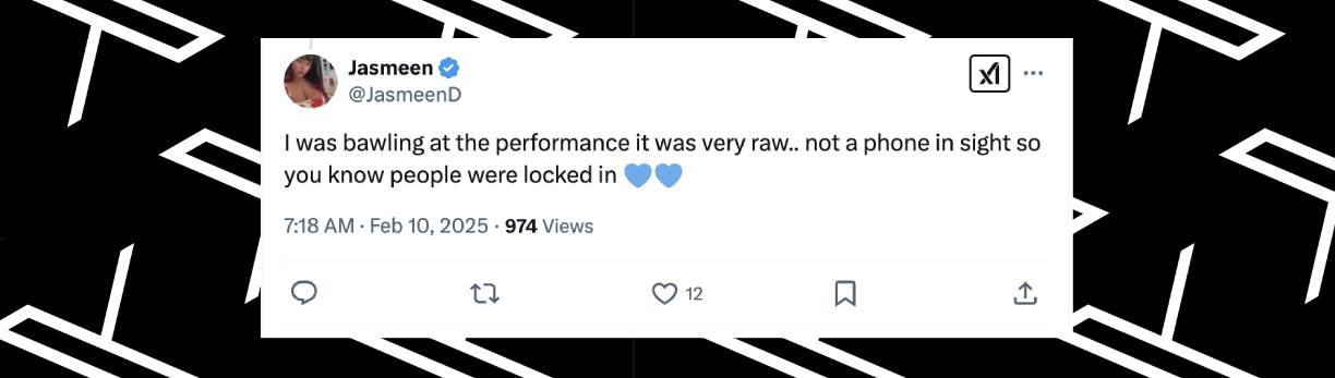 Comentario de un internauta sobre la actuación de Lady Gaga en el Super Bowl LIX de Nueva Orleans: "Lloré desconsoladamente con la presentación, fue muy auténtica... ni un solo teléfono a la vista, así que sabes que la gente estaba completamente atenta 💙💙". | Fuente: x/JasmeenD