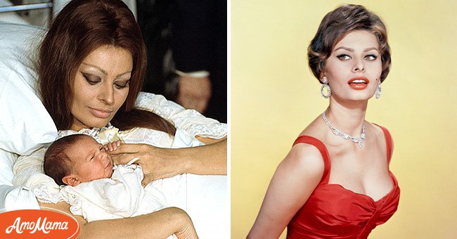 Sophia Loren tras el nacimiento de su primer hijo, Carlo Ponti Jr. y Sophia Loren con un vestido rojo. | Foto: Getty Images