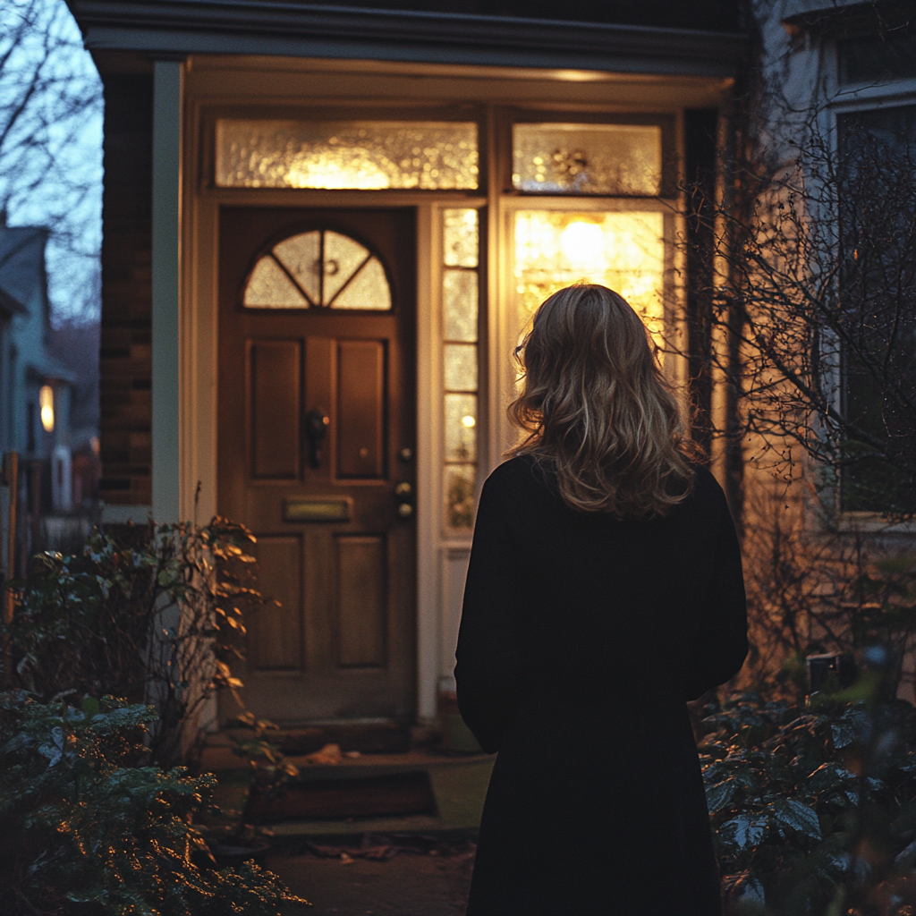 Una mujer alterada en la puerta de una casa | Fuente: Midjourney