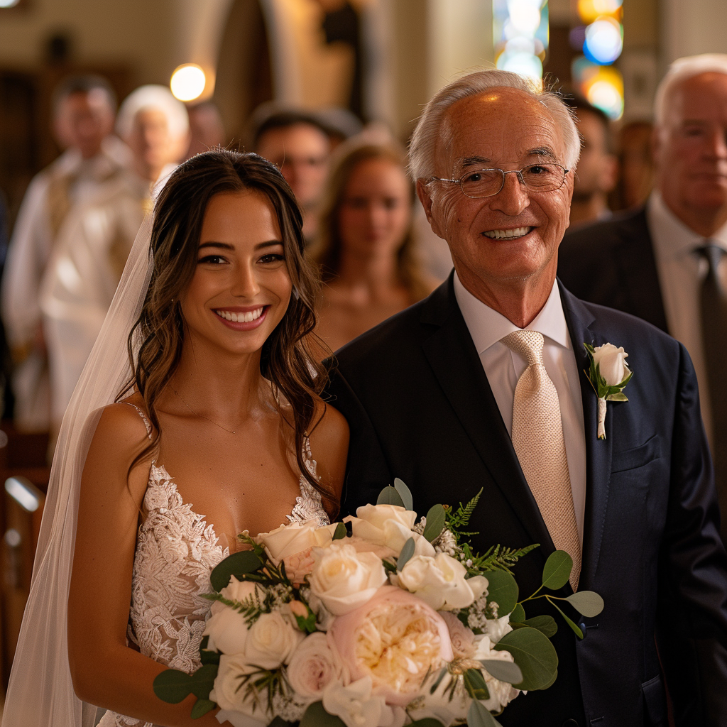 Un abuelo acompaña a su nieta al altar | Fuente: Midjourney