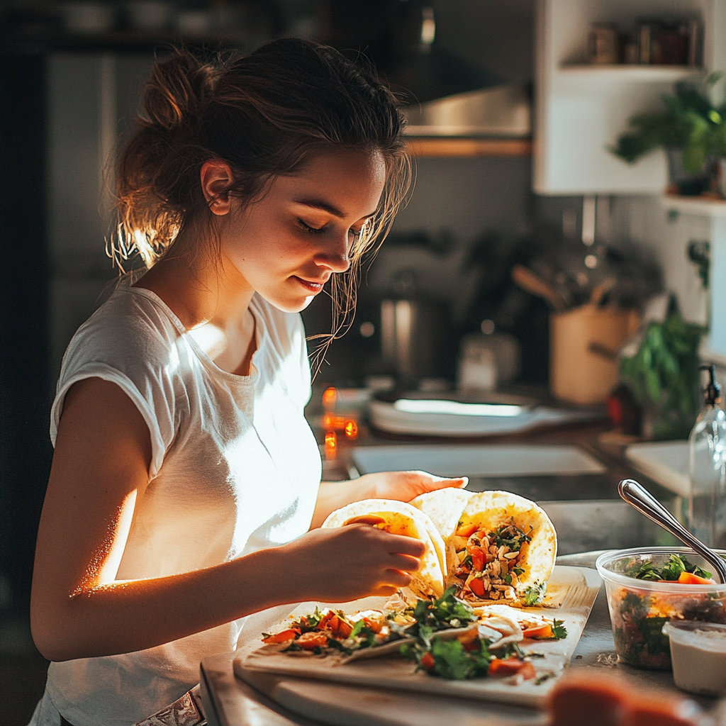 Una joven haciendo tacos | Fuente: Midjourney