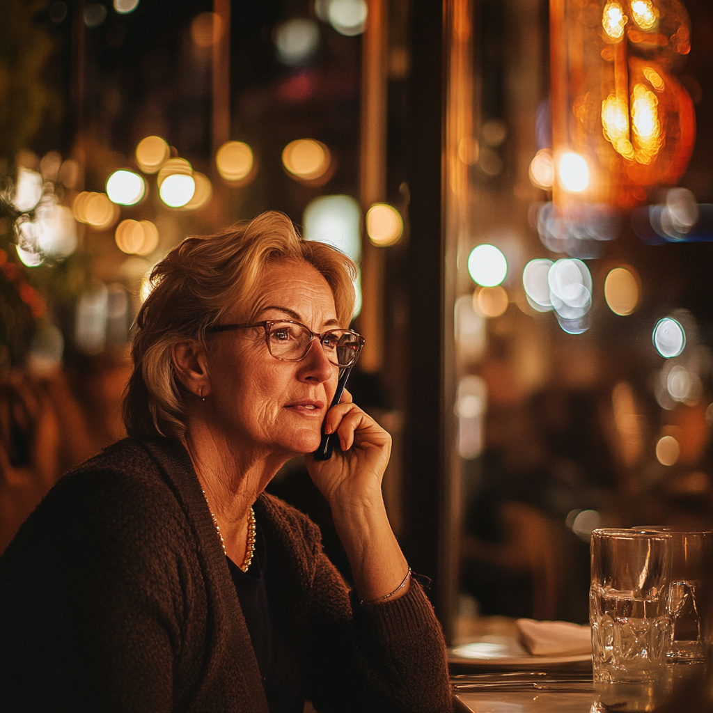 Una mujer madura hablando por teléfono en un restaurante | Fuente: Midjourney