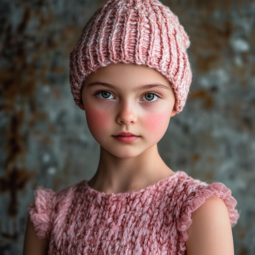 Niña con un conjunto rosa y un gorro tejido | Fuente: Midjourney