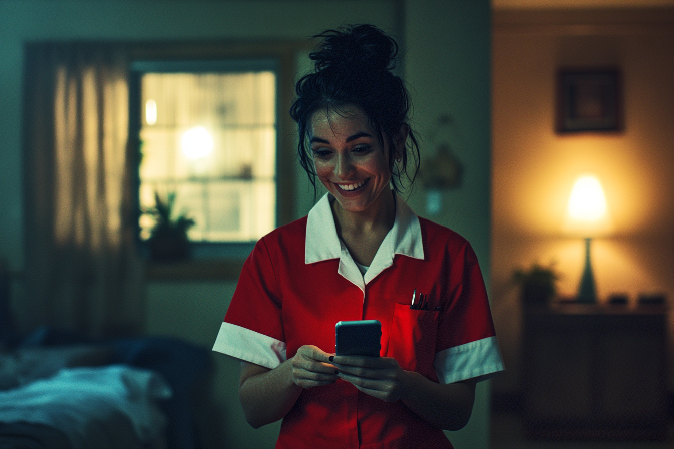 Mujer de uniforme sonriendo mientras utiliza un teléfono dentro de un dormitorio | Fuente: Midjourney