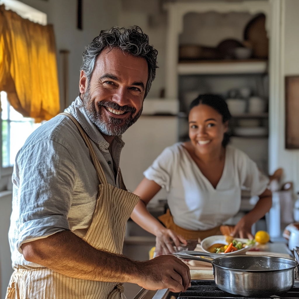 Un hombre recibe lecciones de cocina de la niñera de sus hijos | Fuente: Midjourney