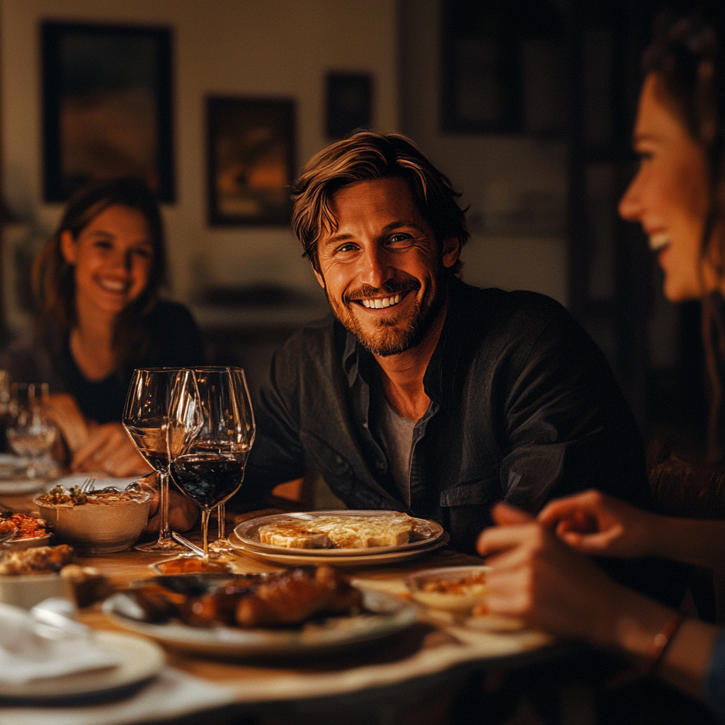 Un hombre sonriente en una cena familiar | Fuente: Midjourney