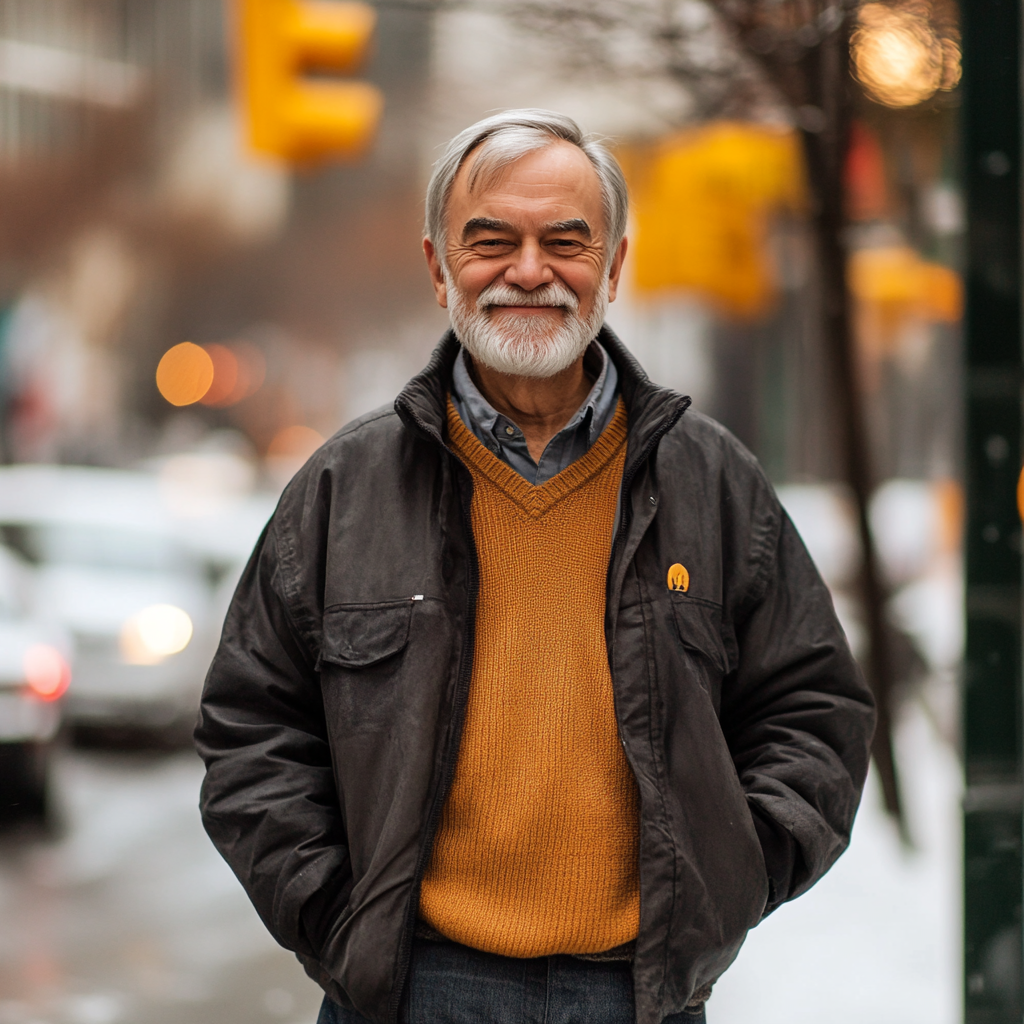 Un anciano sonríe de pie en la calle | Fuente: Midjourney