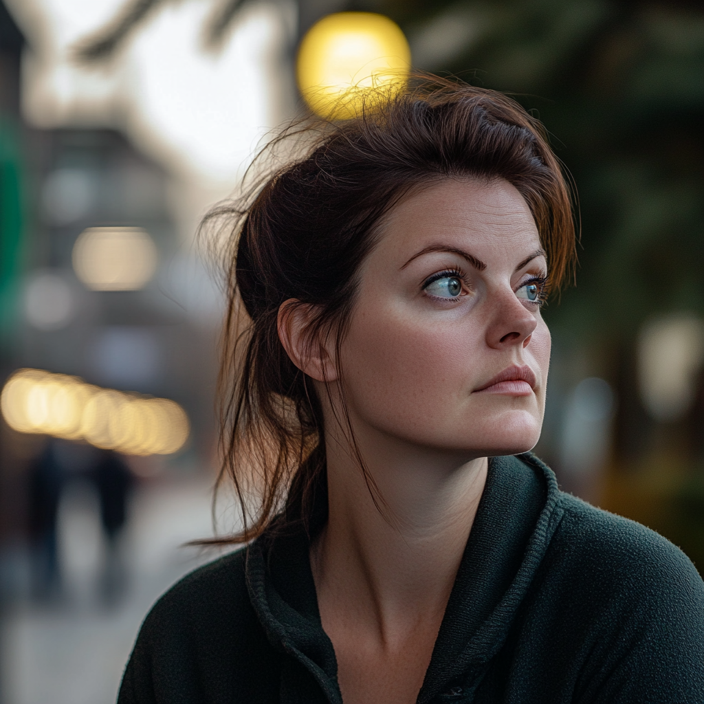 Una mujer está en la calle, mirando a alguien | Fuente: Midjourney