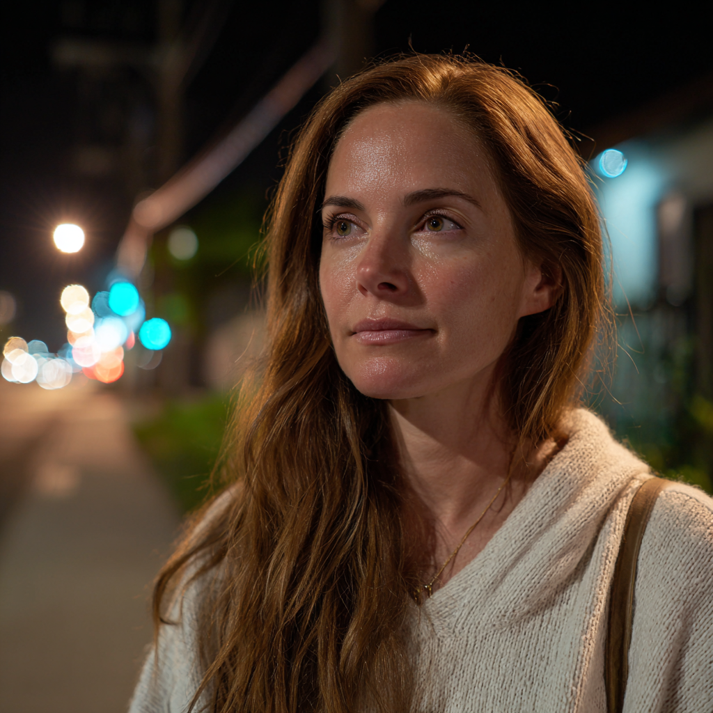 Una mujer sonriente de pie afuera por la noche | Fuente: Midjourney