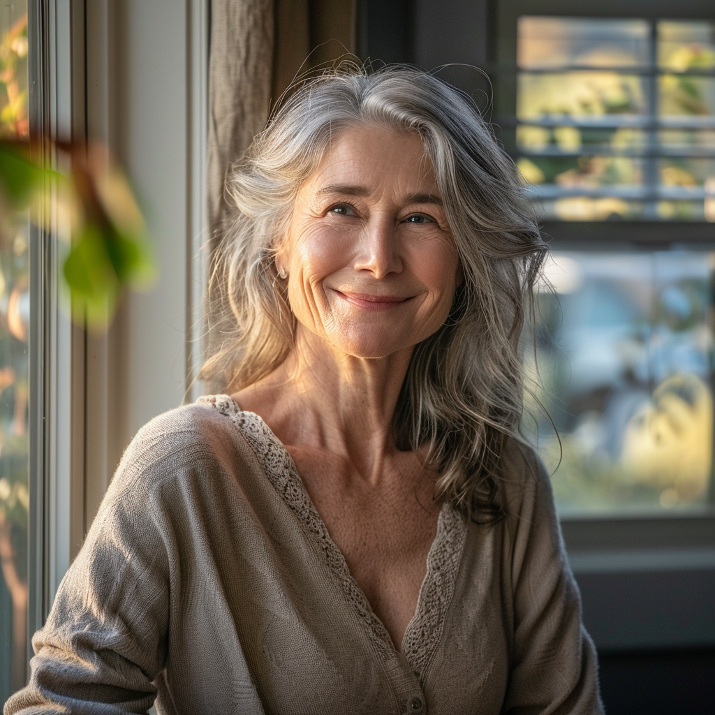 Una mujer de mediana edad sonríe junto a la ventana | Fuente: Midjourney