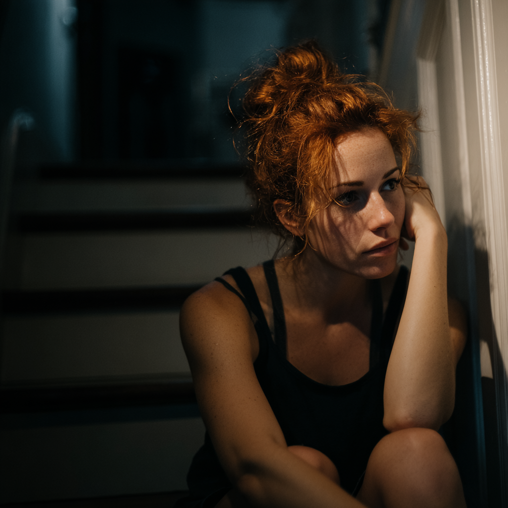 Una mujer emocionada sentada en una escalera | Fuente: Midjourney