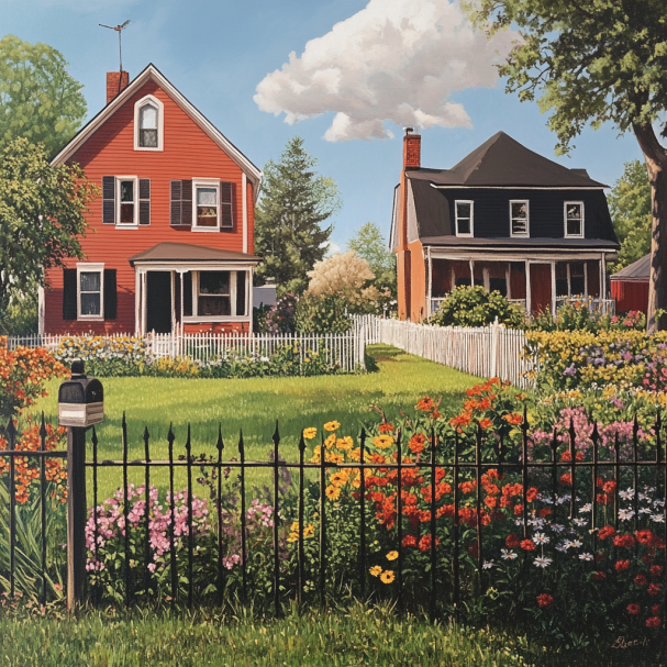 La casa de una abuela y la de su vecino separadas por un jardín de flores | Fuente: Midjourney