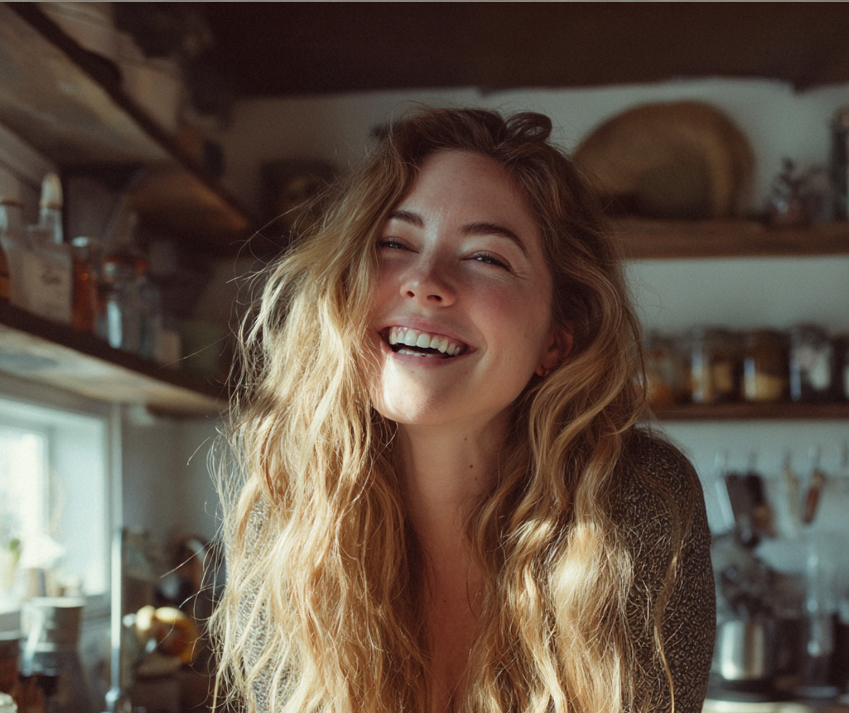 Una donna che ride in piedi in una cucina Fonte: Midjourney