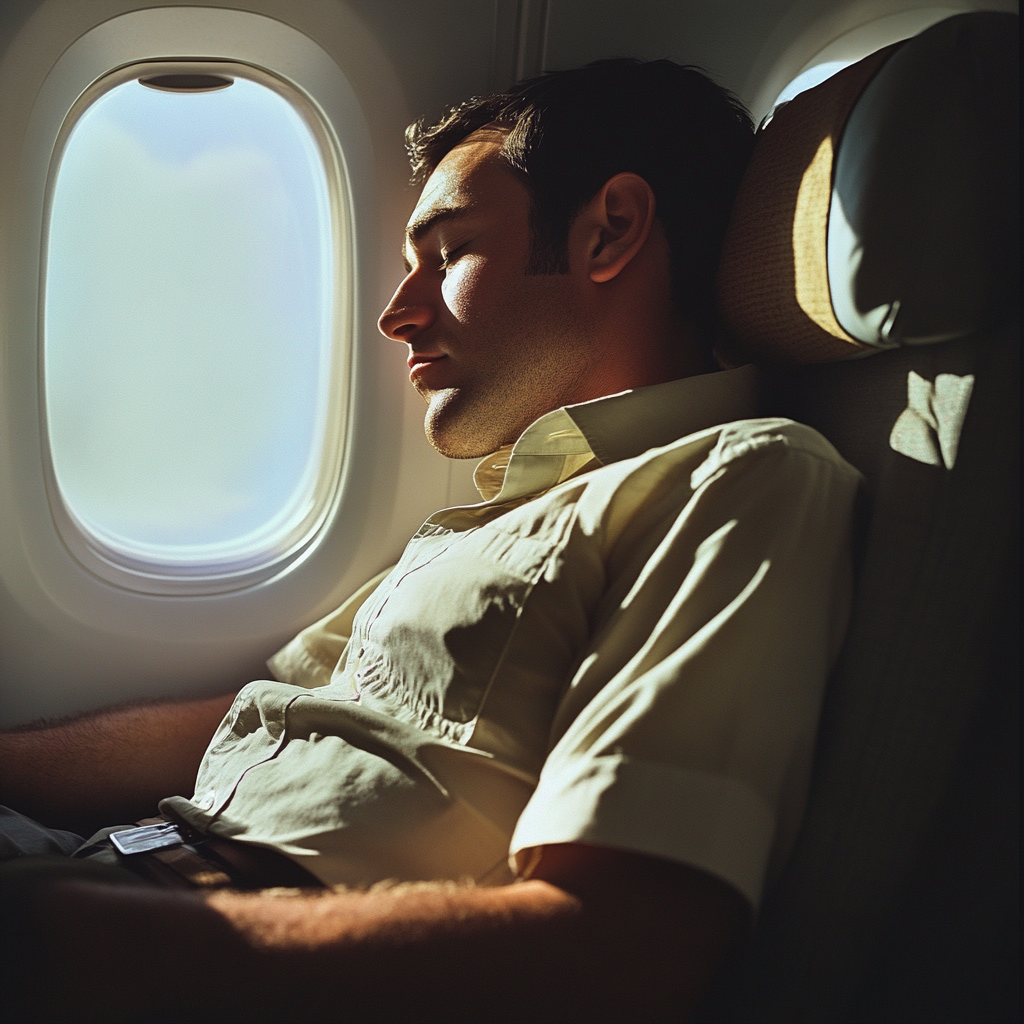 El hombre durmiendo profundamente en su asiento | Fuente: Midjourney