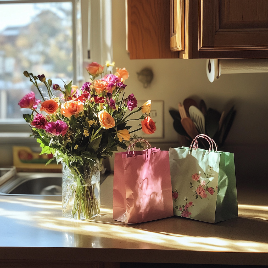 Un ramo de flores y regalos sobre la encimera de una cocina | Fuente: Midjourney