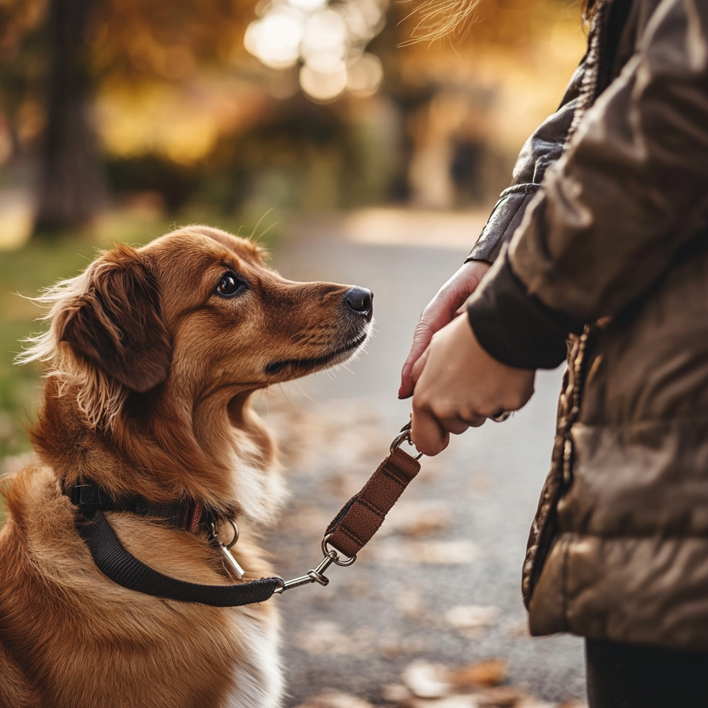 Una mujer sujeta la correa de su perro | Fuente: Midjourney