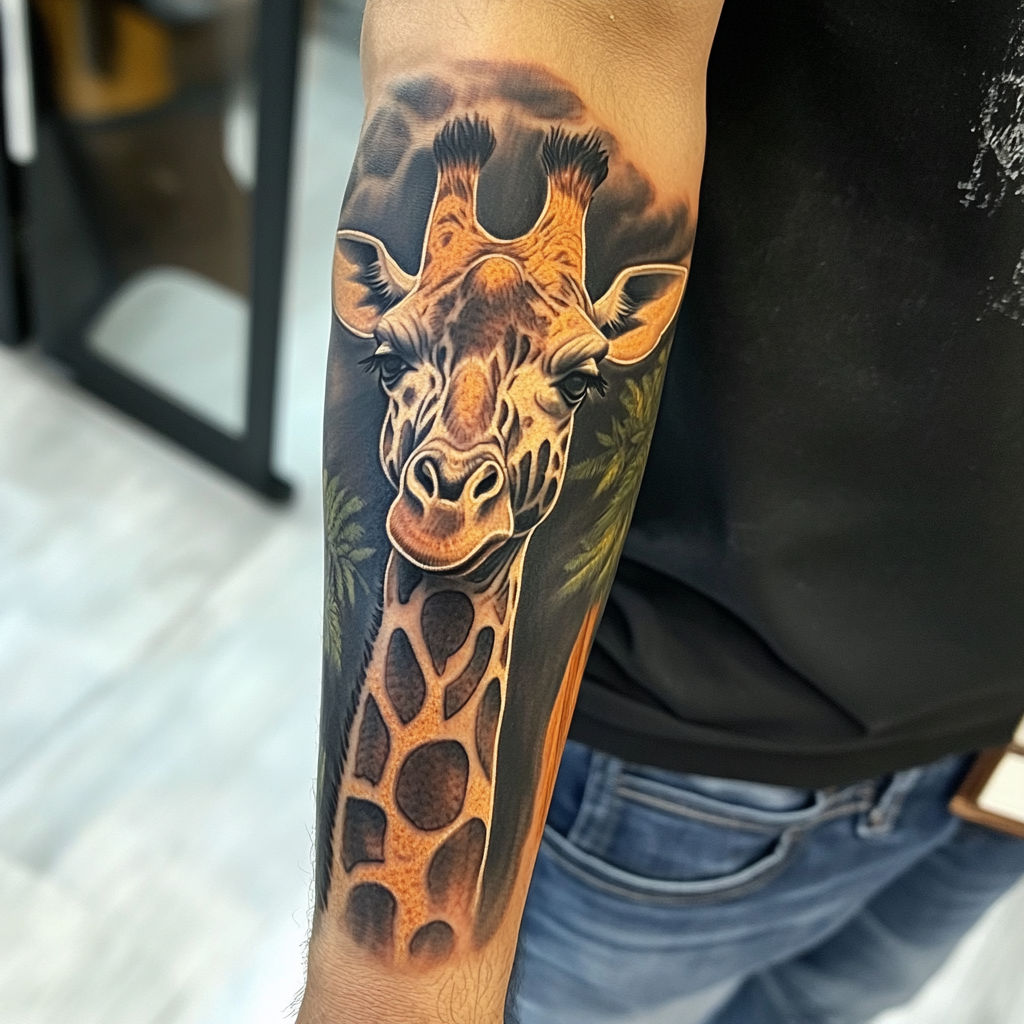 Un tatuaje de una jirafa en el brazo de un hombre | Fuente: Midjourney