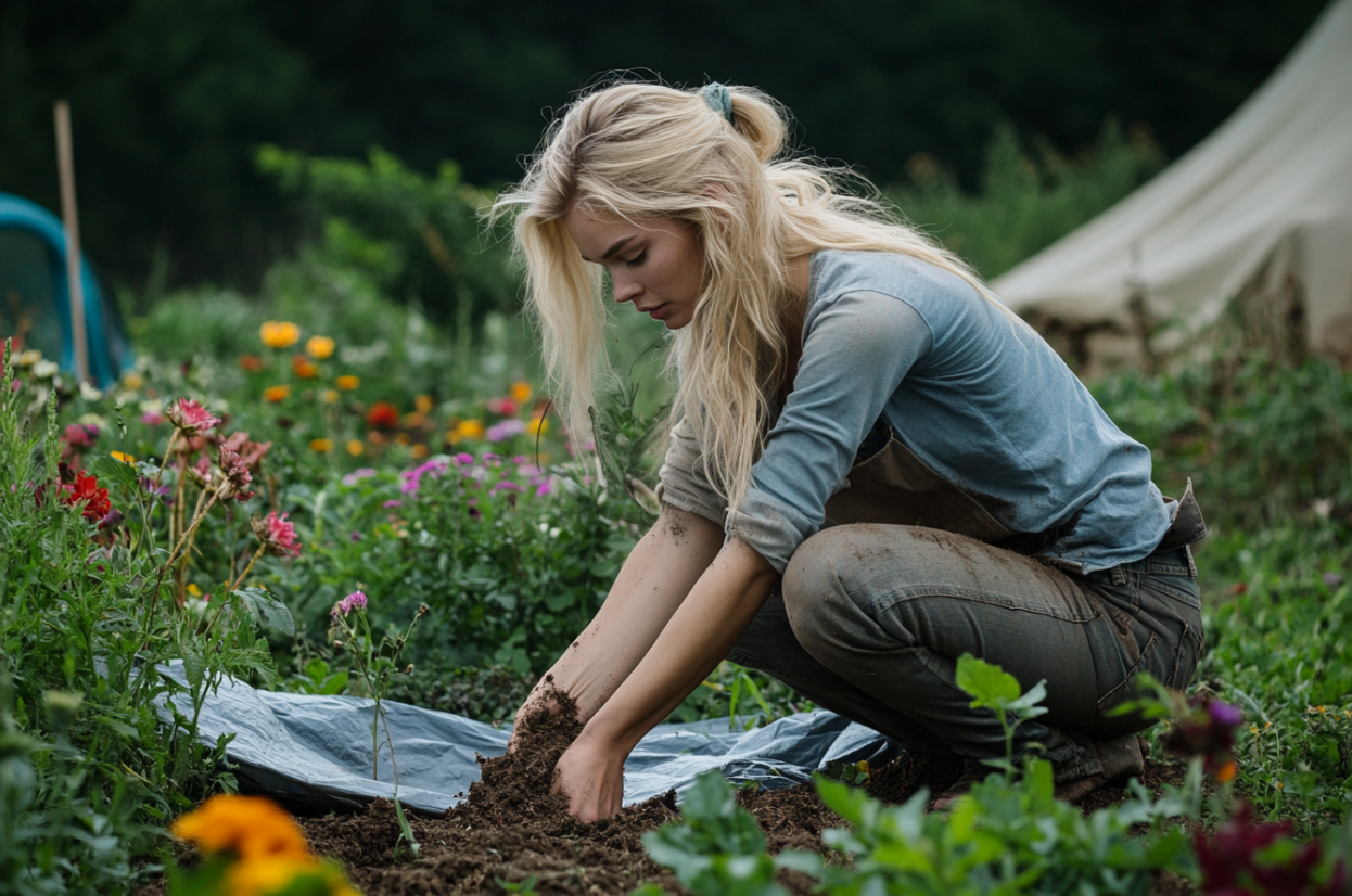 Una mujer entierra un objeto grande en un parterre | Fuente: Midjourney