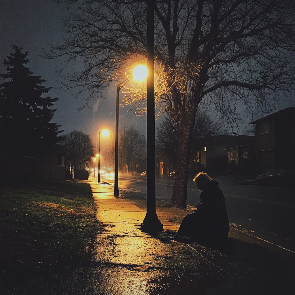 Una persona sentada en una pasarela bajo la lluvia | Fuente: Midjourney