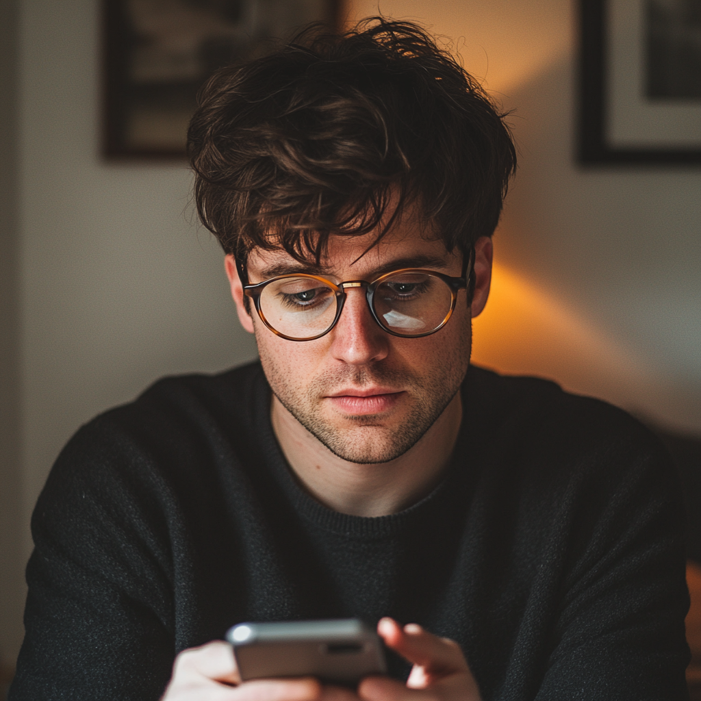 Un hombre leyendo un mensaje en un teléfono | Fuente: Midjourney