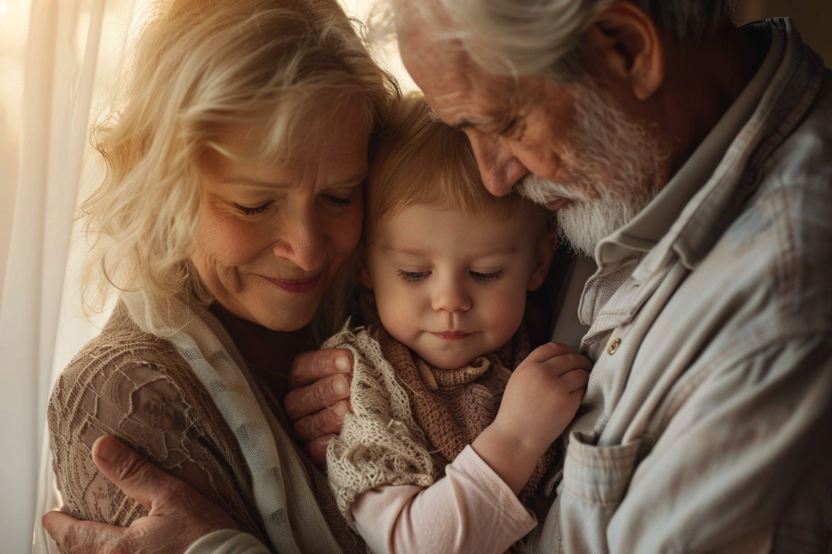 Una pareja de ancianos abraza a su nieta | Fuente: MidJourney