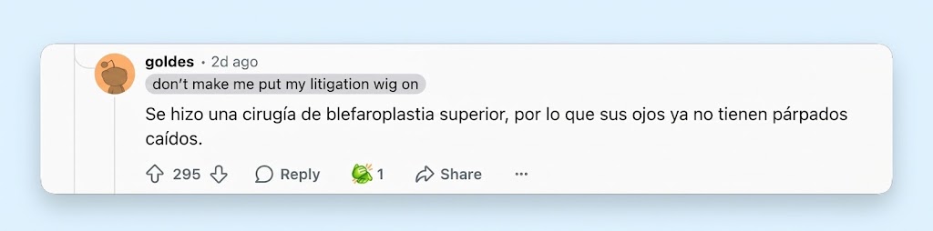 Un usuario de Reddit especuló con que Lawrence se había sometido a una cirugía de párpados superiores, aunque esa afirmación no estaba respaldada por ninguna información médica confirmada. | Fuente: Reddit/ r/popculturechat