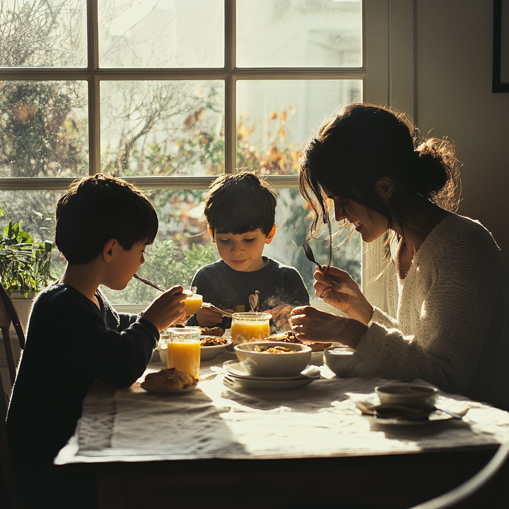 Una mujer desayunando con sus dos hijos | Fuente: Midjourney