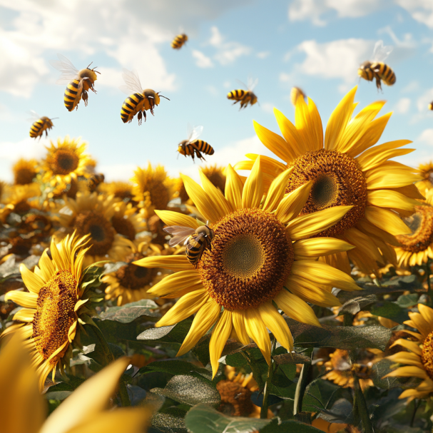 Abejas zumbando en un jardín de girasoles | Fuente: Midjourney
