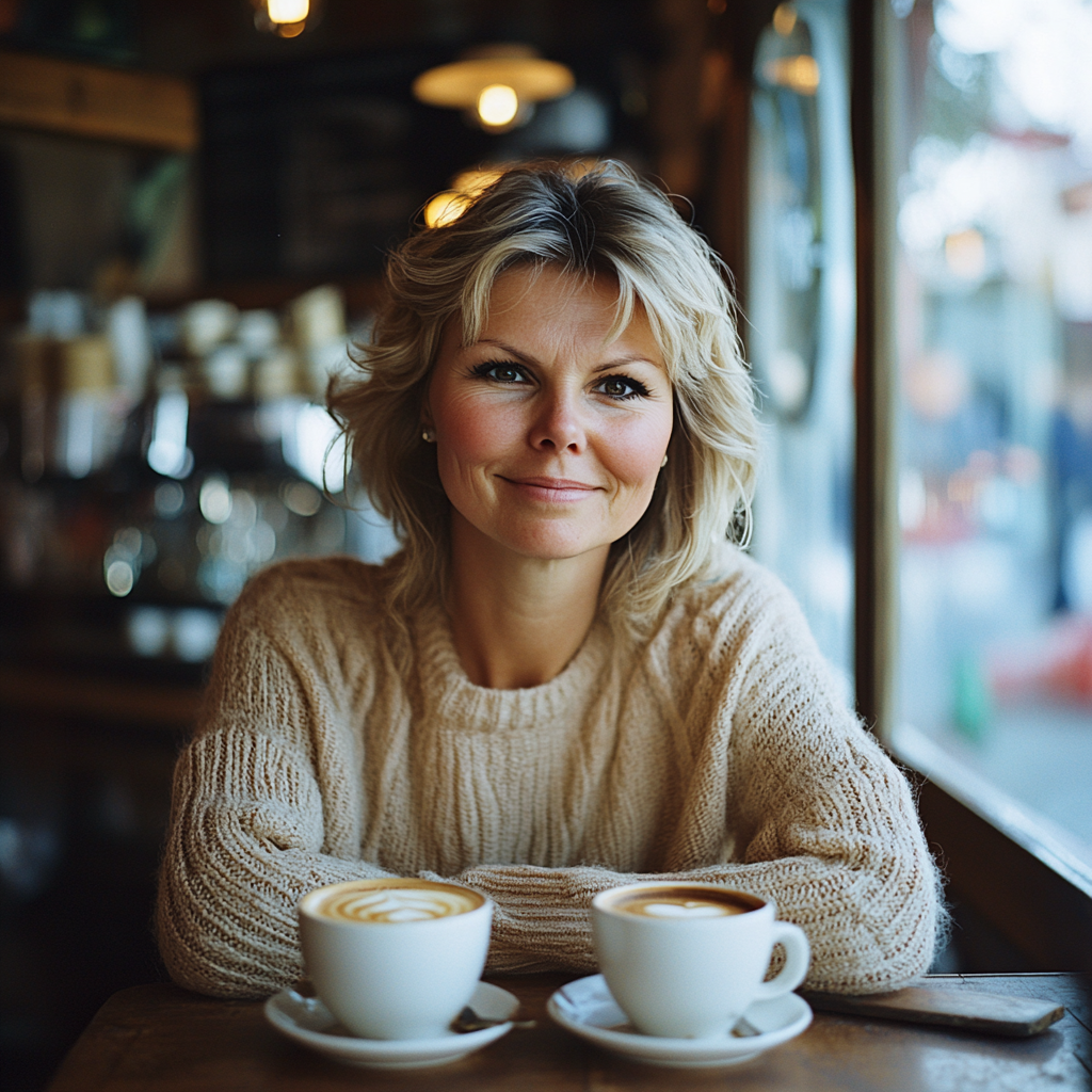 Una mujer sentada con dos tazas de capuchino | Fuente: Midjourney