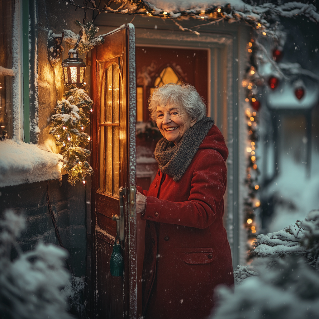 Una mujer sonriente abriendo la puerta de su casa | Fuente: Midjourney