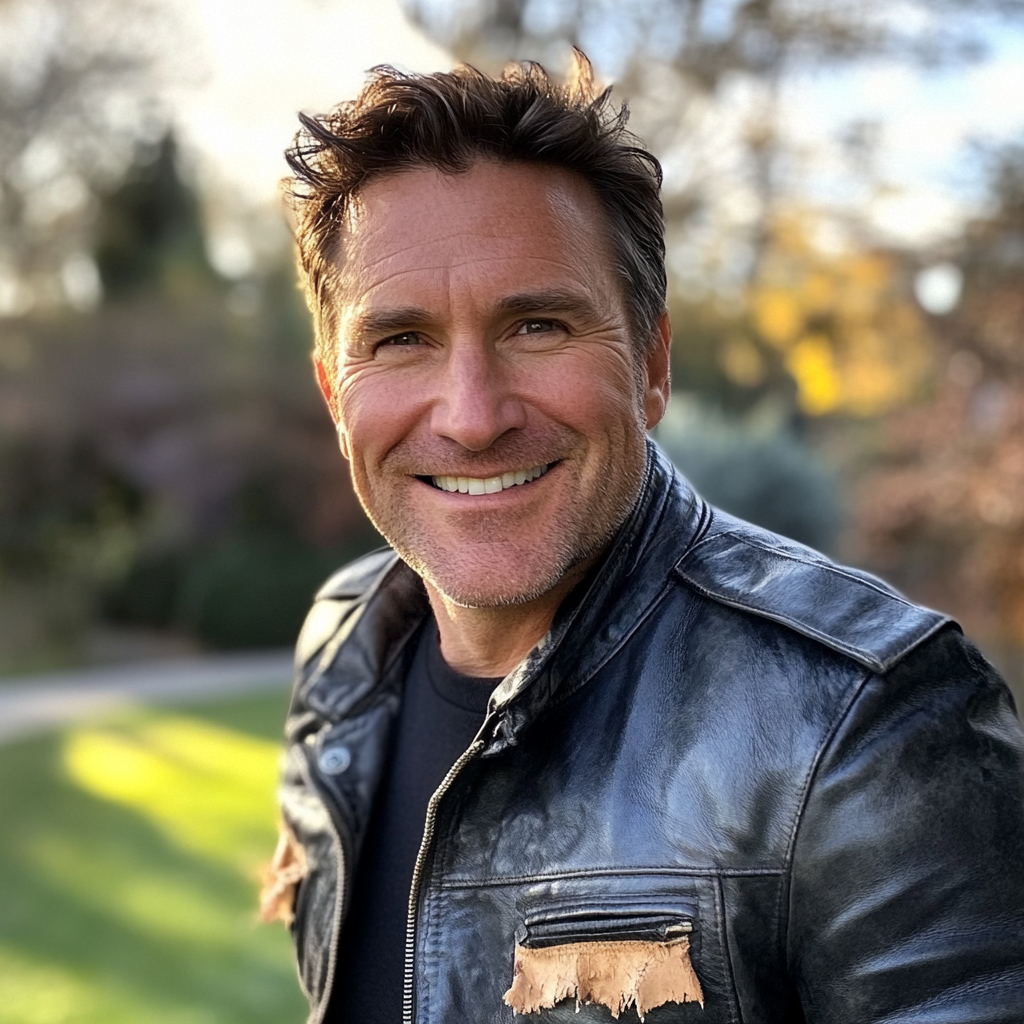 Un hombre sonriente con una chaqueta de cuero | Fuente: Midjourney